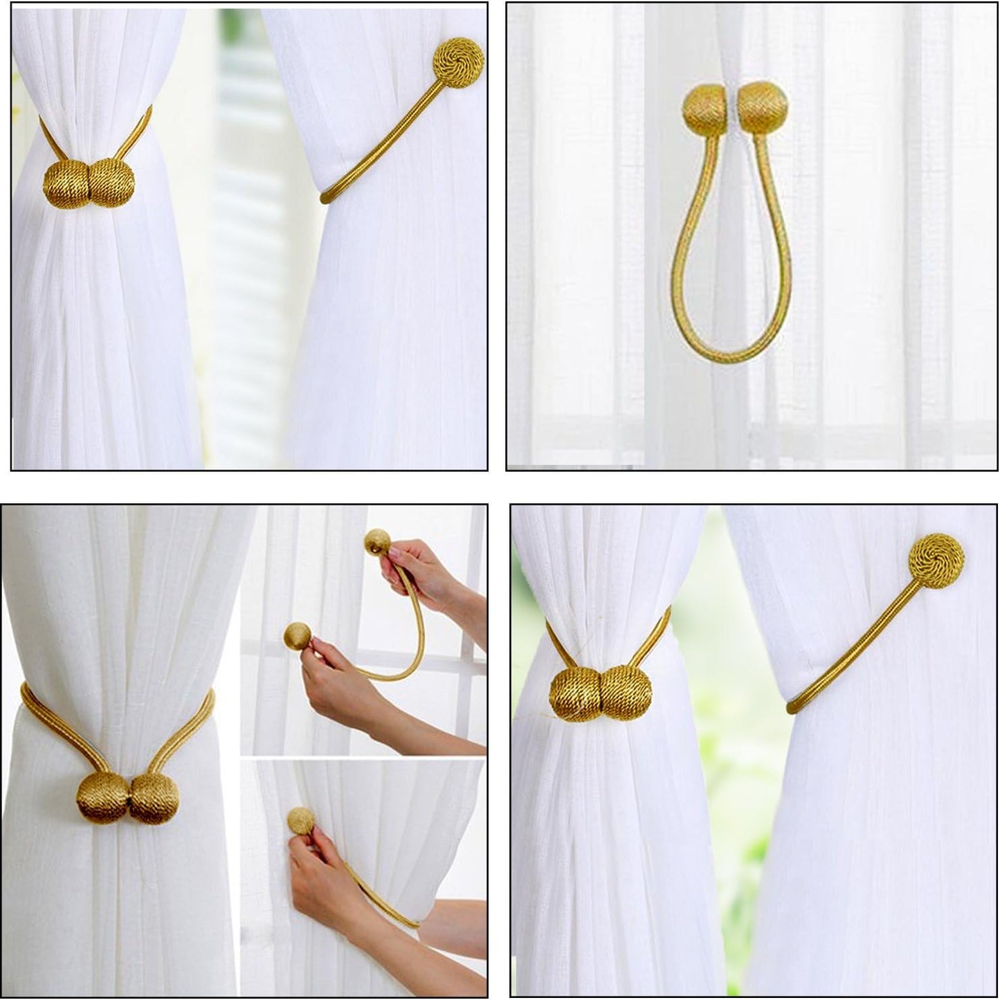 2 Pieces Magnetic Curtain Tiebacks Curtain Clips Rope Holdbacks Curtain Weaving Holder Buckles for Home Office Decorative (UK Patent 6036254) (Gold)