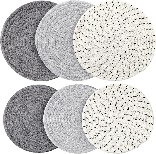 6 Pcs Trivets for Hot Pads Large round Cotton Trivets Braided Woven Trivet Coaster for Hot Pots Pans Pot Holders Dishes for Kitchen Cook (Gray, Dark Gray, White Gray, 7 Inch and 9 Inch)