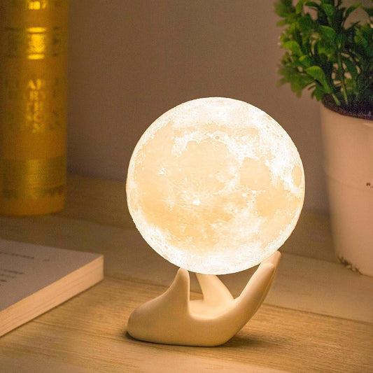 3D Moon Lamp with 3.5 Inch Ceramic Base, LED Night Light, Mood Lighting with Touch Control Brightness for Home Décor, Bedroom, Gifts for Father Kids Women Birthday - White & Yellow