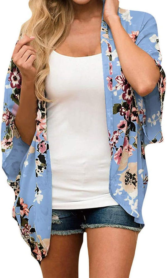 Women Chiffon Loose Shawl - Floral Cover up Chiffon Print Kimono Beachwear Boho Summer Casual Blouse Swimwear Cardigan Swimsuit