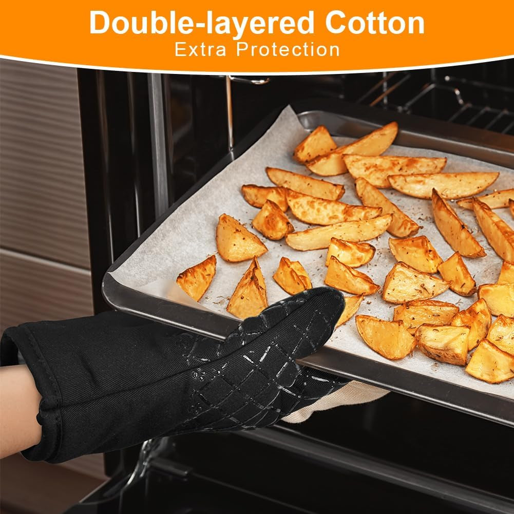 1 Pair Oven Mitts, 230°C/446°F Heat Resistant BBQ Gloves with 2 Pot Holders, Cotton Oven Mittens, Silicone Stripes BBQ Gloves-Oven Mitts, Non-Slip Cooking Gloves for Cooking Baking Grilling