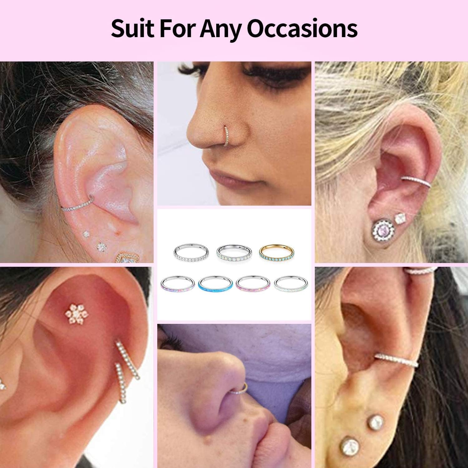 20G 18G 16G Conch Hoop Ring Septum Jewelry Opal CZ Turquoise Seamless Clicker Ring Daith Earrings Surgical Steel Rook Tragus Conch Piercing Jewelry Small Hoop Earring Nose Ring