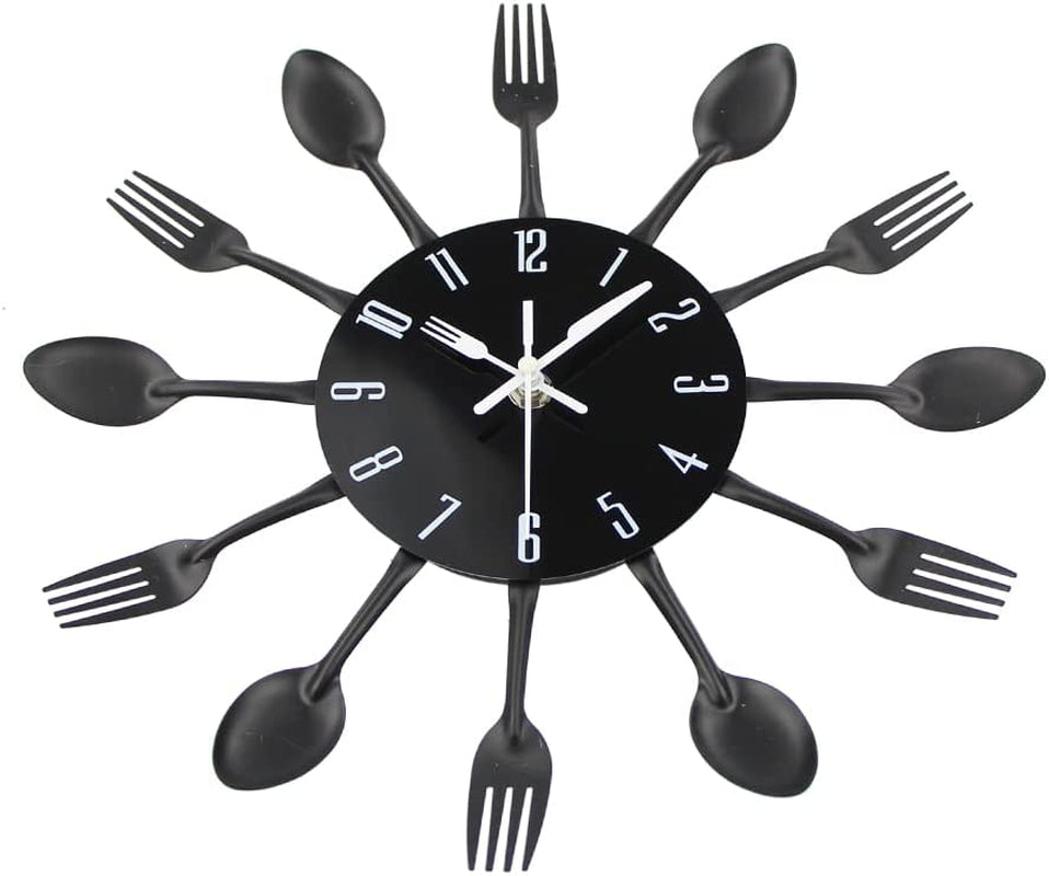 3D Removable Modern Creative Cutlery Kitchen Spoon Fork Wall Clock Mirror Wall Decal Wall Sticker Room Home Decoration (Black)