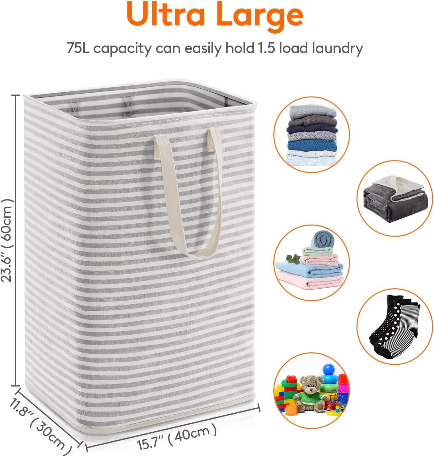 2 Pack 75L Collapsible Washing Laundry Basket Hamper, Dirty Clothes Basket Laundry Bin with Extended Handles for Storage Clothes Toys in Bedroom Bathroom, Grey
