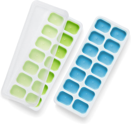 2 Pack Silicone Ice Cube Trays (25X9.5Cm) with Non-Spill Flexible Moulds Lids Easy to Remove Ice Cube Tray LFGB Certified BPA Free Perfect for Baby Food,Cocktails and Other Drinks Green & Blue