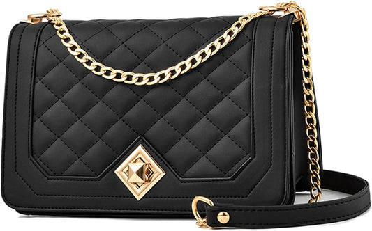 Crossbody Bags for Women Small Ladies Shoulder Bag Purse PU Leather Quilted Handbags with Gold Chain Strap Fashion Cute Cross Body Phone Bag Side Purses Black Evening Clutch