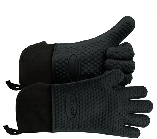 BBQ Gloves, Grilling Gloves Heat Resistant Oven Gloves, Kitchen Silicone Oven Mitts, Long Waterproof Non-Slip Pot Holder for Barbecue, Cooking, Baking (L/XL, Black)