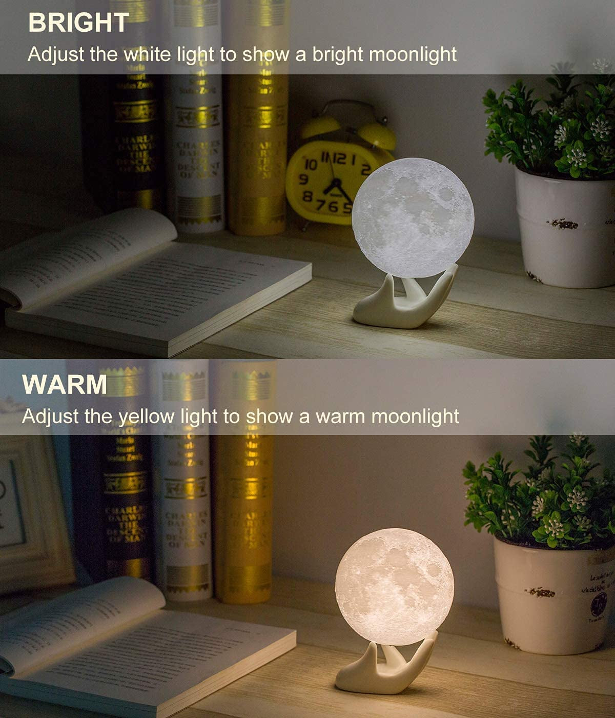 3D Moon Lamp with 3.5 Inch Ceramic Base, LED Night Light, Mood Lighting with Touch Control Brightness for Home Décor, Bedroom, Gifts for Father Kids Women Birthday - White & Yellow