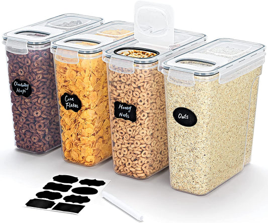 4L Cereal Storage Containers Dispenser with Flip-Top Lids, Airtight Plastic Food Storage Boxes for Kitchen Pantry Organisation, Rice, Oats, Flour, Sugar, BPA Free