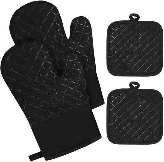 1 Pair Oven Mitts, 230°C/446°F Heat Resistant BBQ Gloves with 2 Pot Holders, Cotton Oven Mittens, Silicone Stripes BBQ Gloves-Oven Mitts, Non-Slip Cooking Gloves for Cooking Baking Grilling