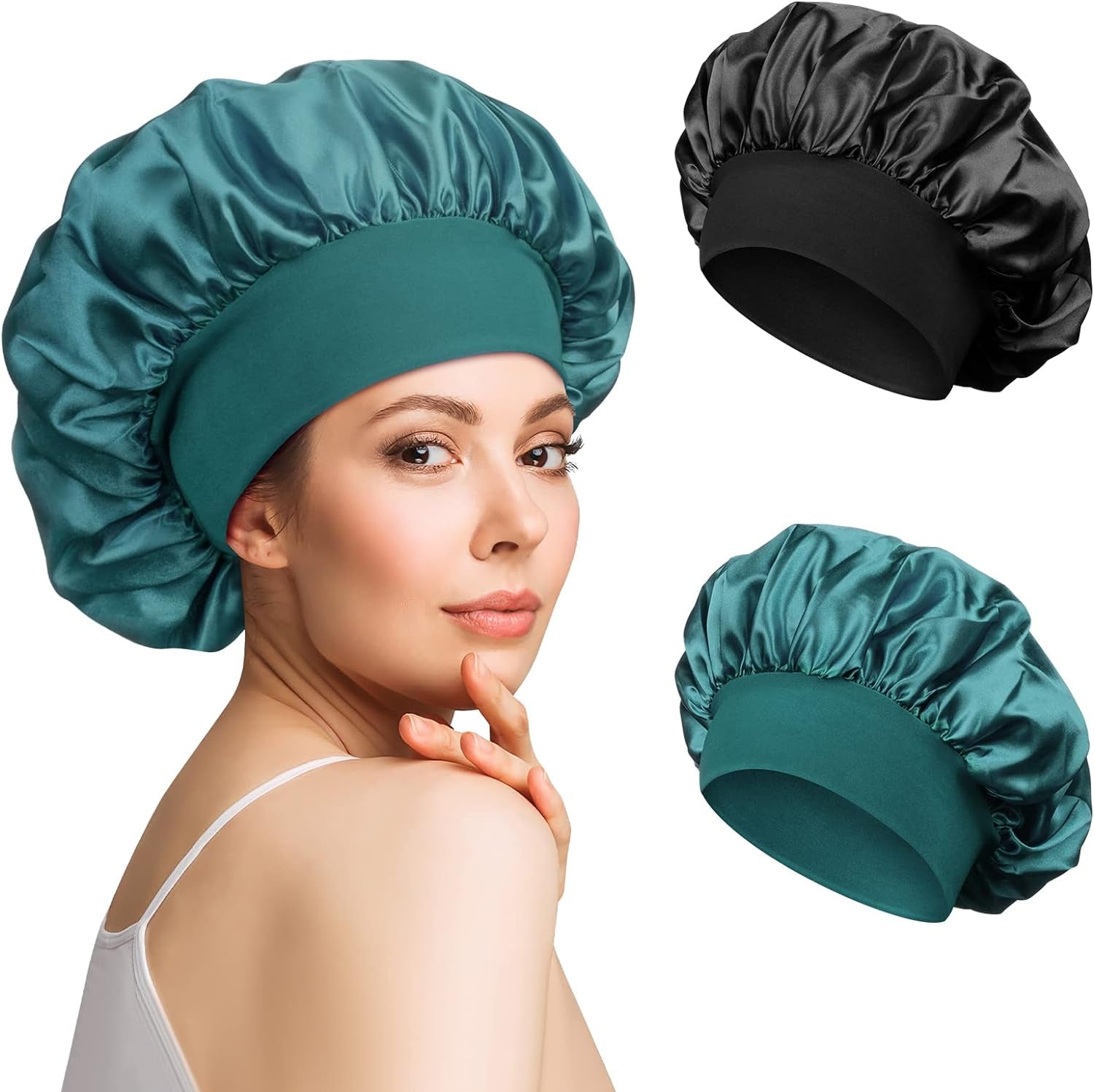 2Pcs Satin Bonnet Silk Bonnet for Curly Hair, Hair Bonnet Silk Hair Wrap for Sleeping, Night Sleep Cap for Women