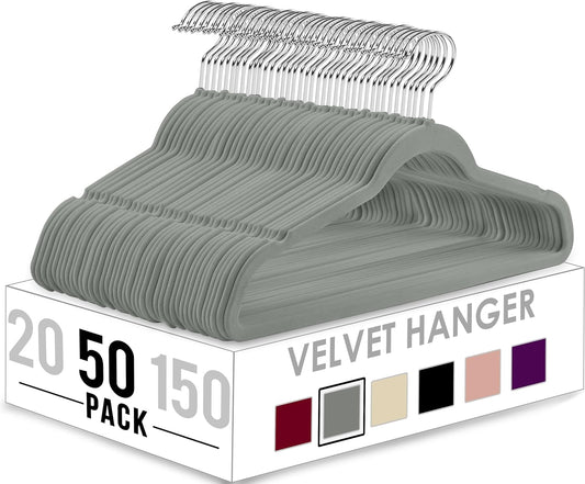 50 Velvet Coat Hangers Adult - Heavy Duty Velvet Clothes Hangers - Premium Non-Slip Hangers for Clothes - 360 Degree Swivel Hook Suit Hangers - Sturdy to Hold Jacket or Trouser (Grey)